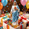 A statue of the Blessed Mother Mary with a white and blue robe, holding a heart, displayed in a gift box.
