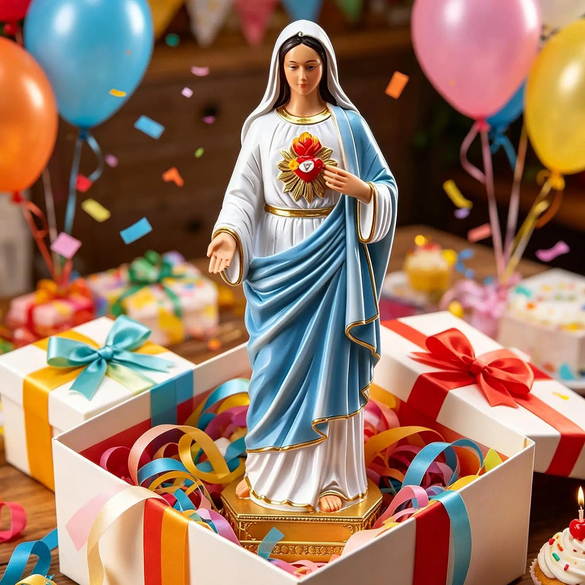 A statue of the Blessed Mother Mary with a white and blue robe, holding a heart, displayed in a gift box.