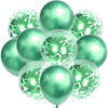 A cluster of iridescent green confetti balloons with gold accents for parties