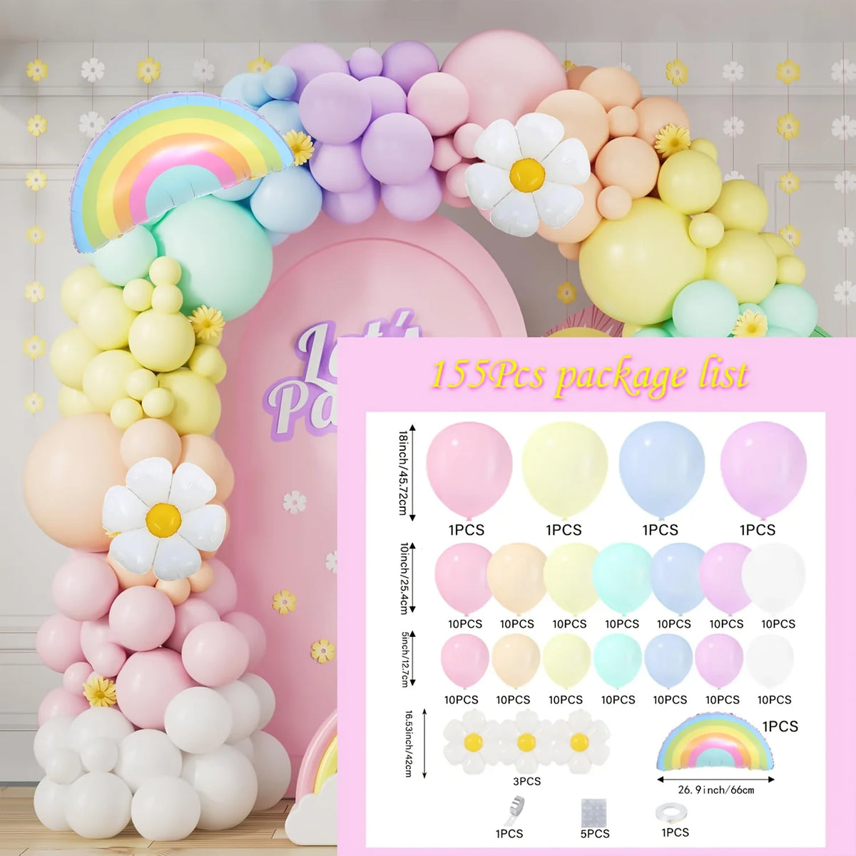 A pastel rainbow balloon arch kit featuring various colored balloons and a rainbow arch decoration.
