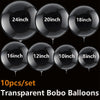 A set of ten transparent Bobo balloons in various sizes ranging from 8 to 24 inches.