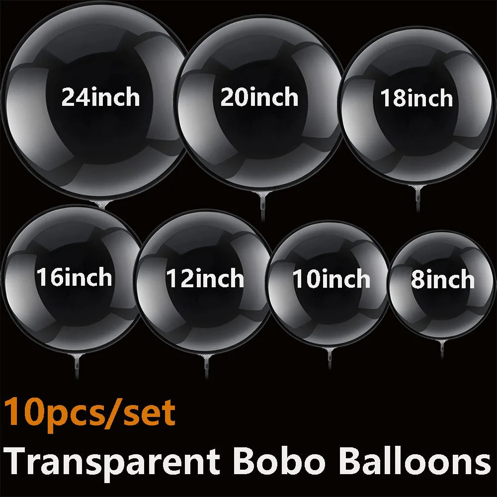 A set of ten transparent Bobo balloons in various sizes ranging from 8 to 24 inches.