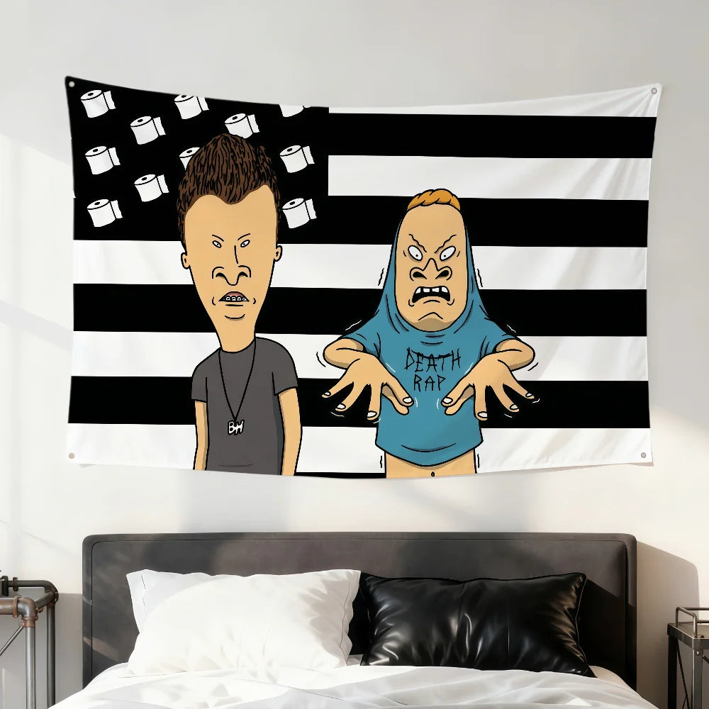 A black and white striped flag featuring a cartoon depiction of Beavis and Butt-Head.