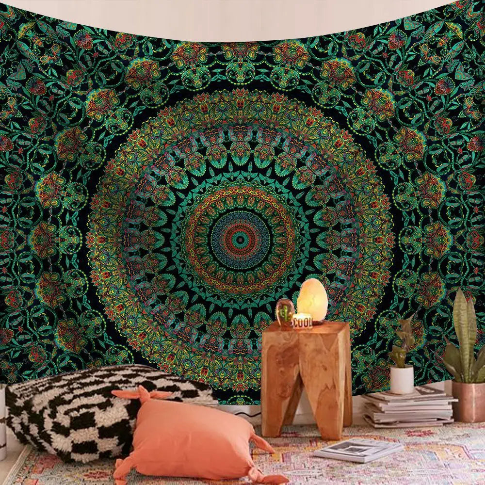 Bohemian mandala tapestry wall art featuring intricate floral patterns on a dark green background.