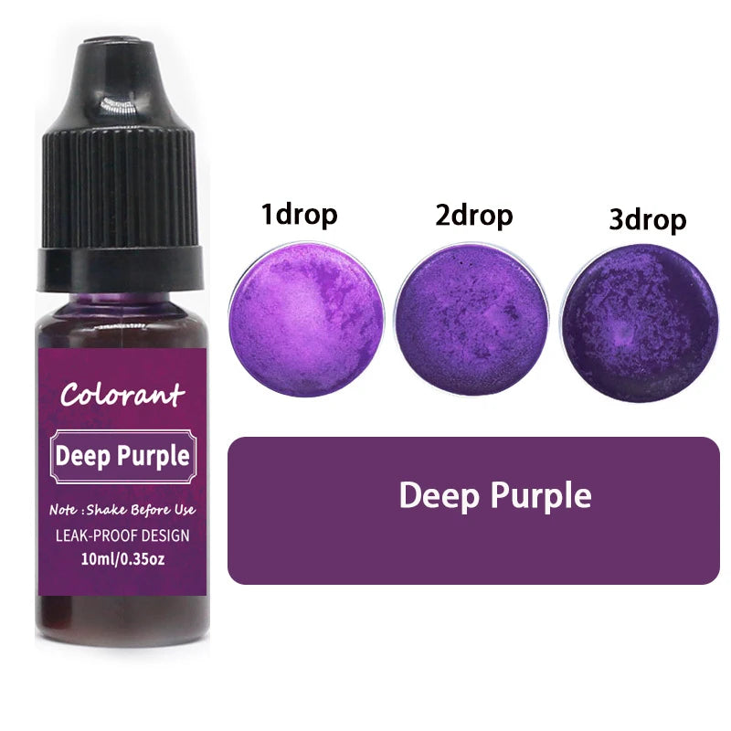 A bottle of Deep Purple liquid colorant with three dropper sizes showing different concentrations.