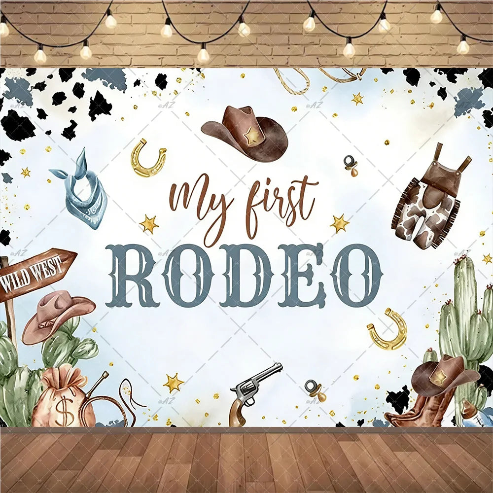 A watercolor illustration of a Wild West cowboy birthday backdrop featuring a brown hat, gold horseshoe, and various rustic e