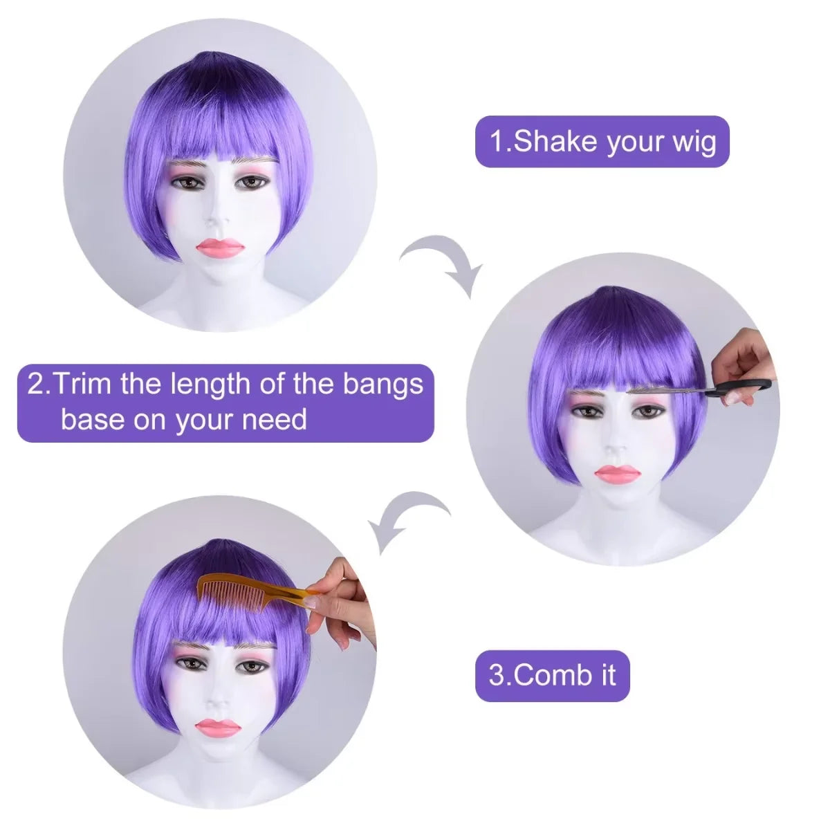 Instructions for styling a neon purple bob wig, showing shaking, trimming bangs, and combing the hair.