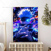 Anime wall poster of Gojo Satoru with bright blue hair and glowing eyes against a dark background