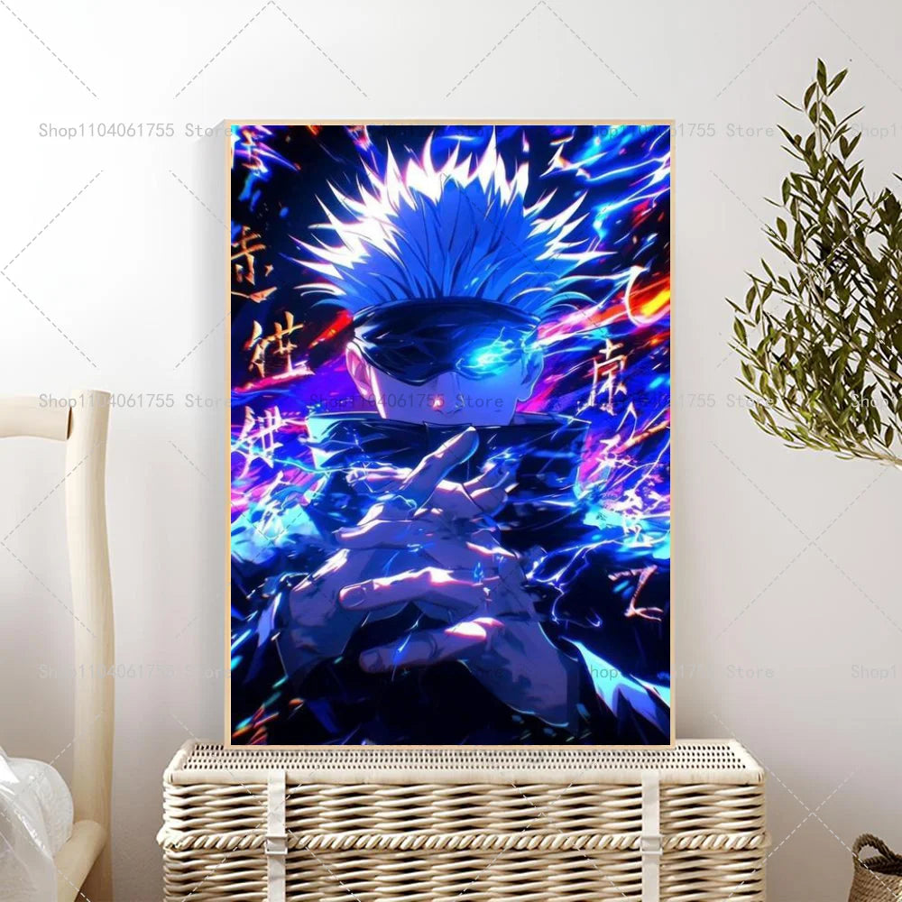 Anime wall poster of Gojo Satoru with bright blue hair and glowing eyes against a dark background