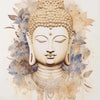 A serene golden Buddha head with a crown surrounded by soft watercolor floral elements.