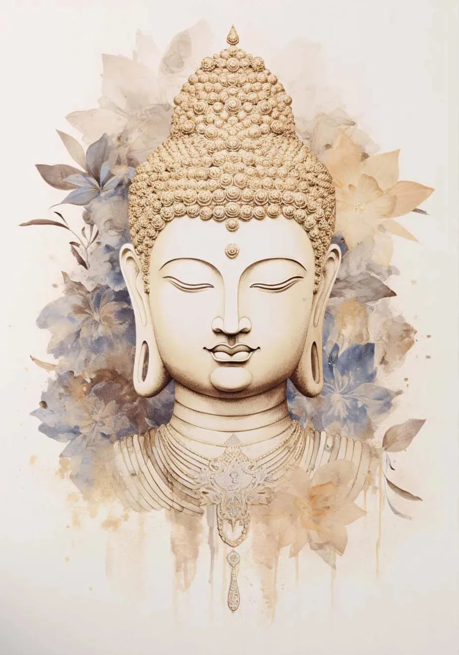 A serene golden Buddha head with a crown surrounded by soft watercolor floral elements.