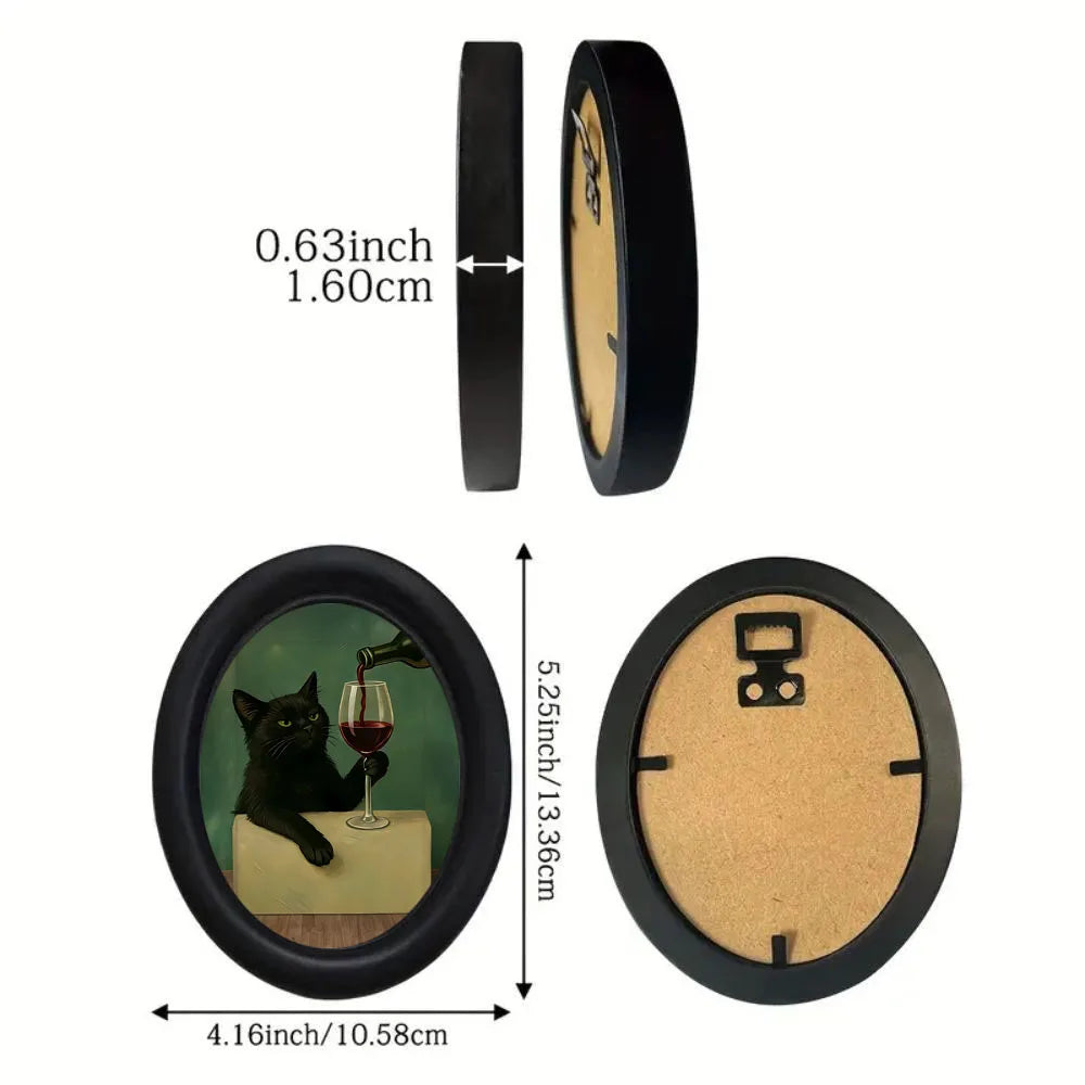 Black wall art featuring a funny black cat drinking wine, displayed in a circular frame.