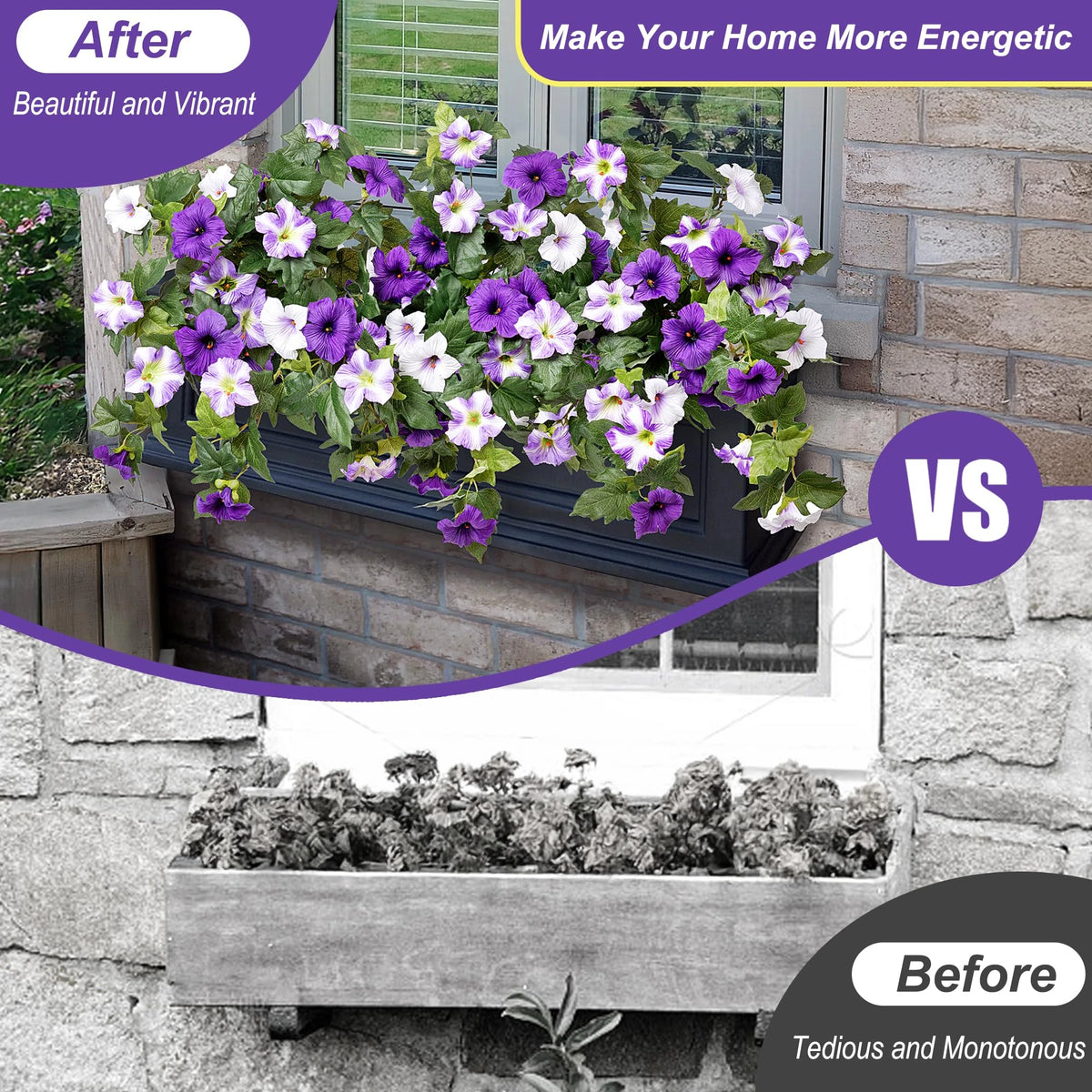 Before and after comparison showing artificial petunia bundles used for outdoor home decor