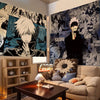 A tapestry wall hanging featuring the Jujutsu Kaisen character Gojo Satoru in a dark outfit against a collage background.