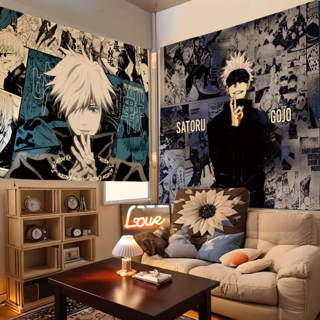 A tapestry wall hanging featuring the Jujutsu Kaisen character Gojo Satoru in a dark outfit against a collage background.