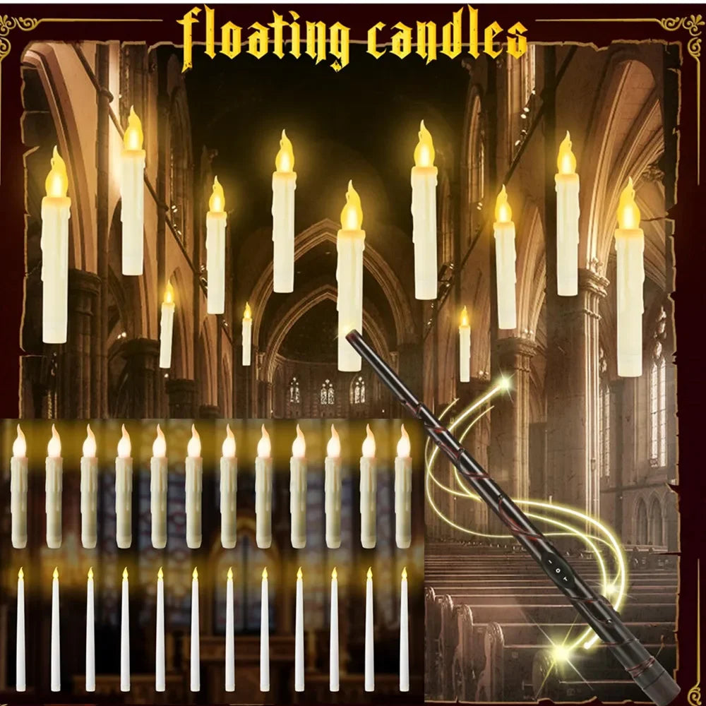 A collection of white floating candles and a magic wand are displayed against an architectural background.