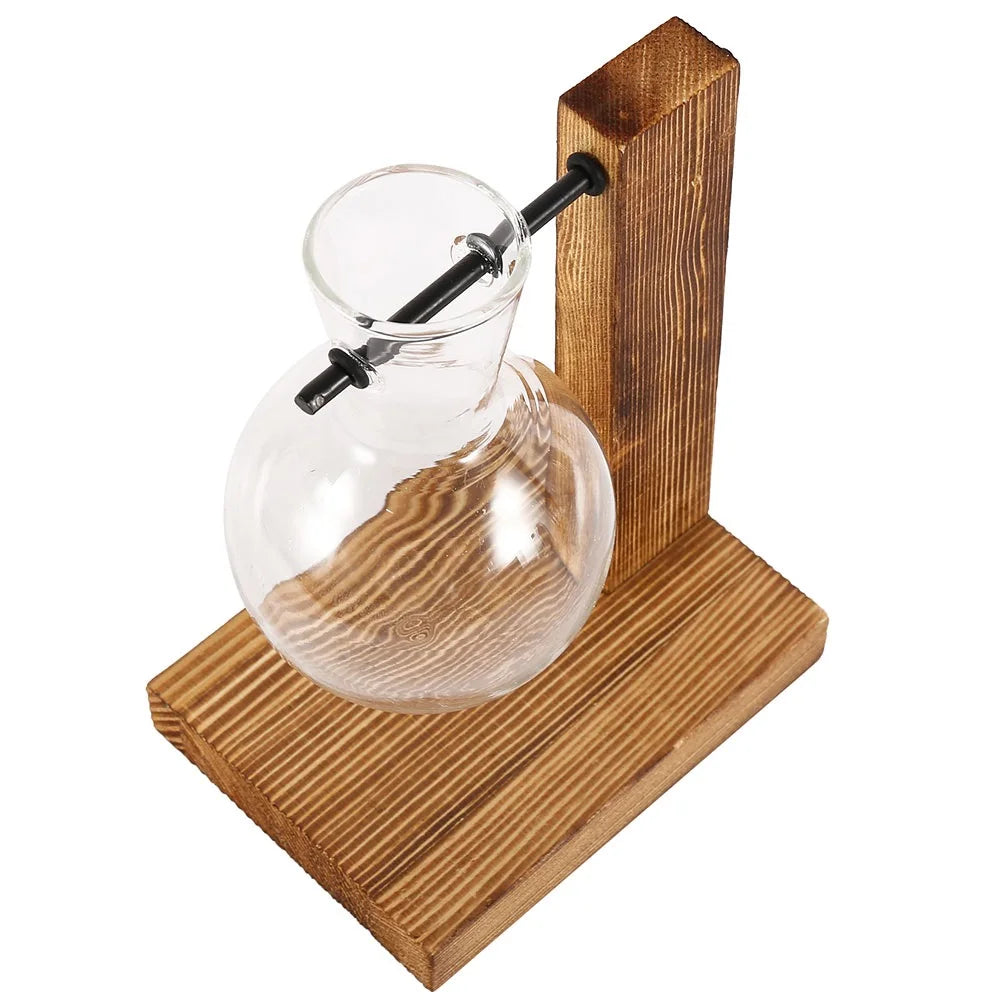 Un pot en verre sphérique clair est fixé sur un bloc de bois avec une tige métallique pour le drainage.
