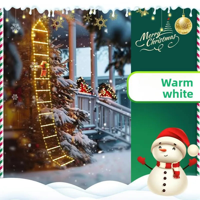A festive Christmas scene featuring a decorated tree with a glowing ladder and a Santa figure in a snowy outdoor setting.