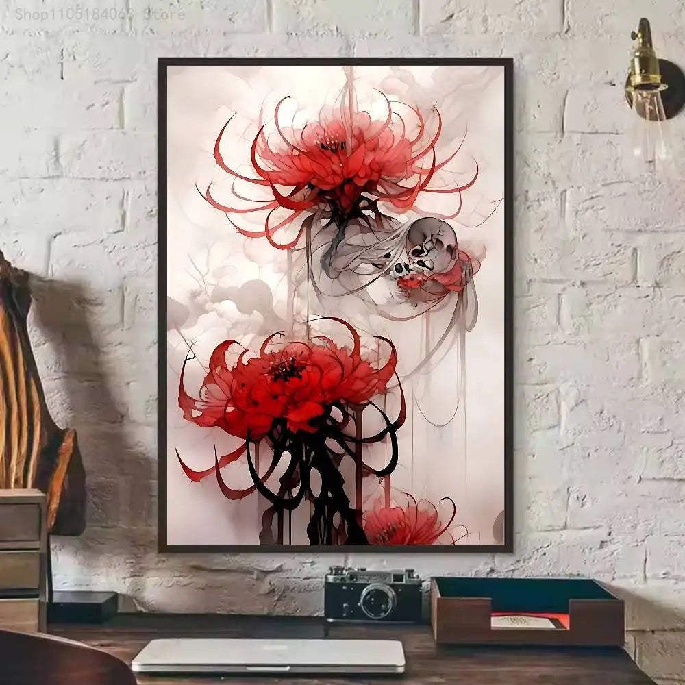 A vertical poster print featuring a dramatic red spider lily flower with dark, wispy accents against a light background.