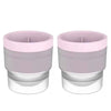 A pair of stackable spherical ice molds in light purple and silver.