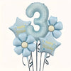 A set of light blue foil balloons shaped like the number three and a star for a birthday celebration