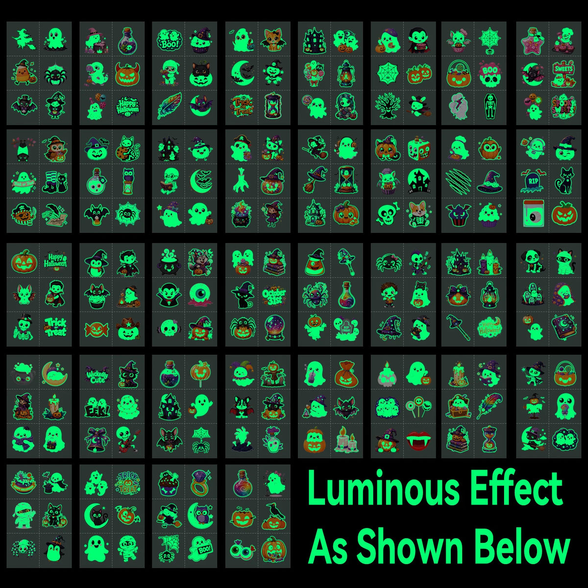 A grid of glow-in-the-dark Halloween temporary tattoos showing various spooky designs.