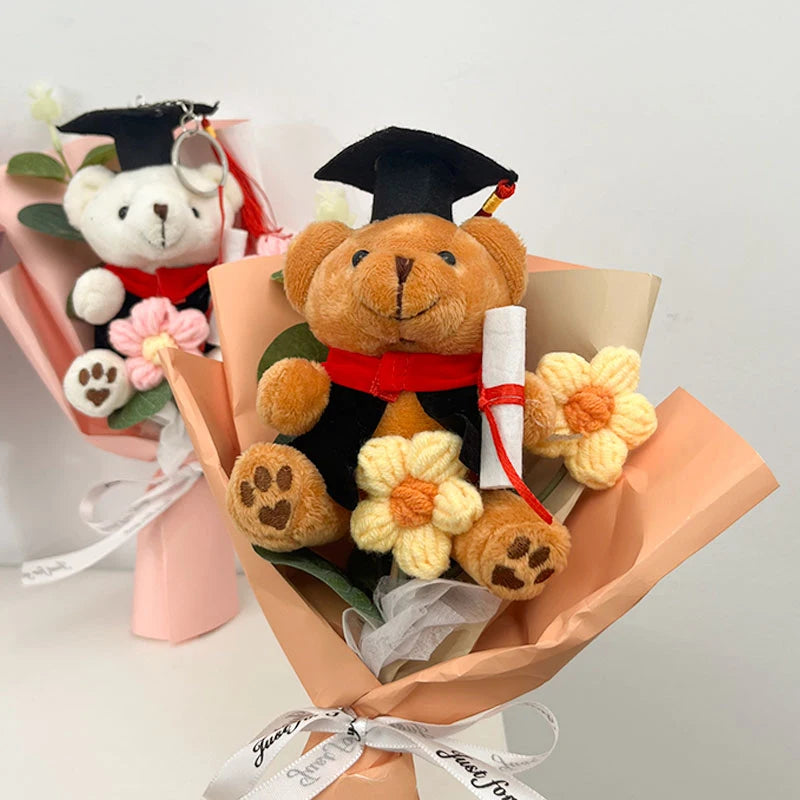 A handcrafted crochet flower bouquet featuring a teddy bear and various yellow flowers, presented in pink paper.