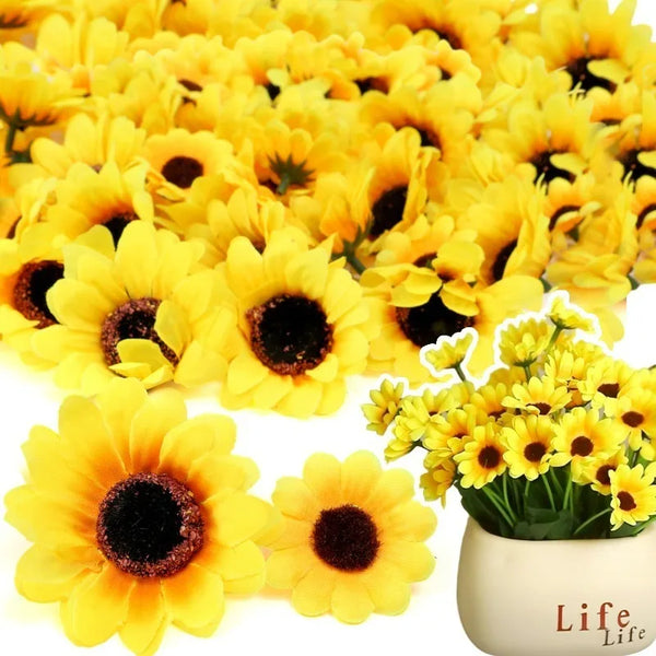 A close-up of many bright yellow artificial sunflower heads scattered on a white background.