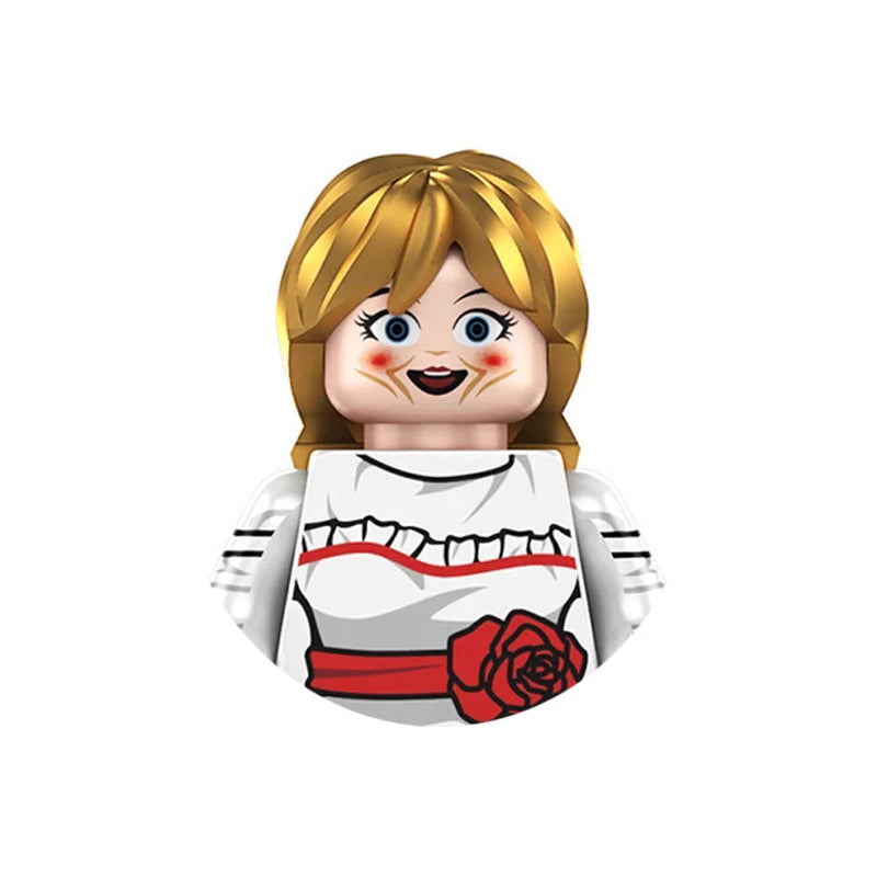 A building block figure of a female character with blonde hair and a white outfit featuring a red rose detail.