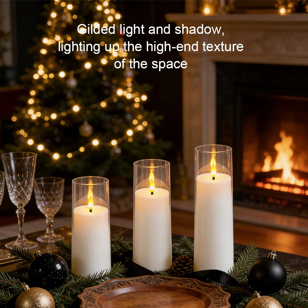 Five white pillar candles in glass holders arranged on a dark green wreath near a fireplace.