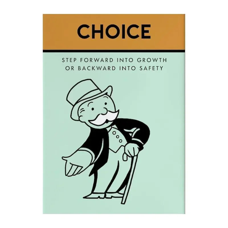Impresión en lienzo titulada CHOICE con un dibujo lineal de un hombre avanzando hacia el crecimiento o retrocediendo hacia la