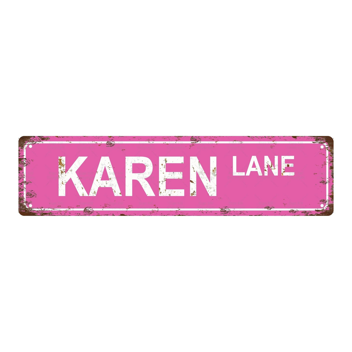 A distressed pink metal tin sign with the text KAREN LANE.