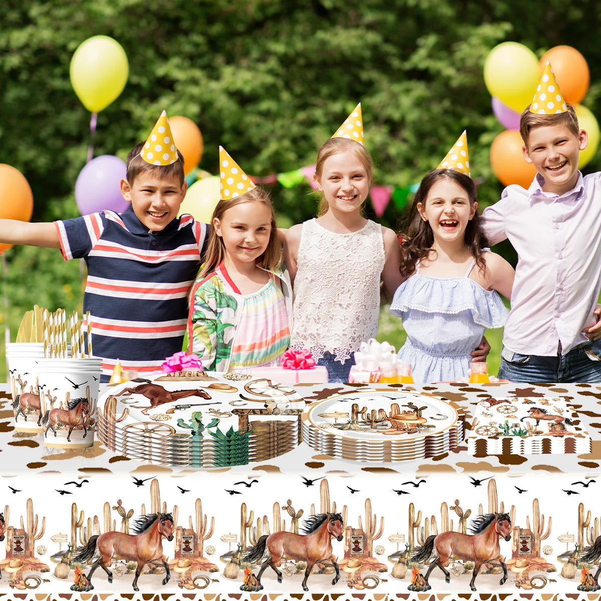 A set of western theme foil horse number balloons and decorative elements for a party.