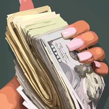 Eine Hand hält einen Stapel Bargeld und einen rosa Fingernagel, was finanzielle Themen oder Investitionen andeutet.