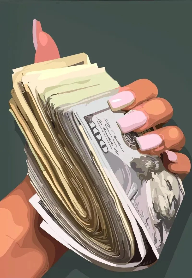 Eine Hand hält einen Stapel Bargeld und einen rosa Fingernagel, was finanzielle Themen oder Investitionen andeutet.