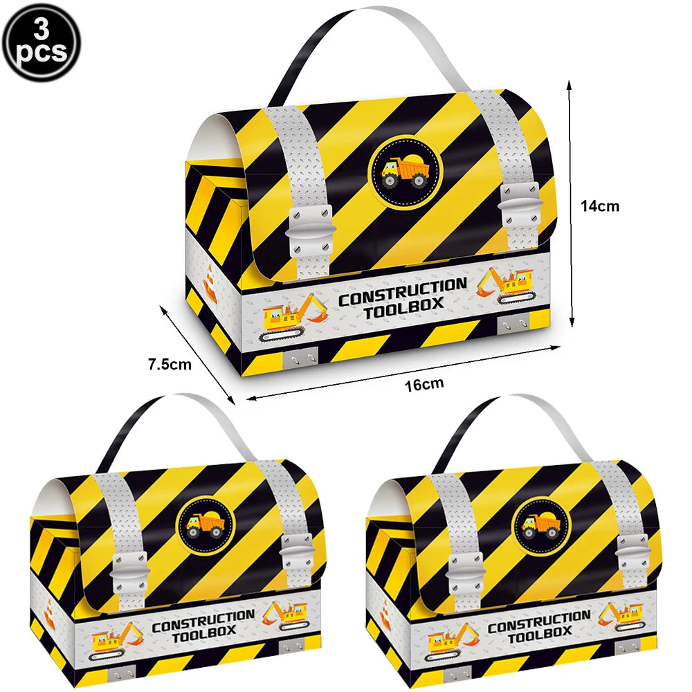 Yellow and black striped toolbox gift bag with construction vehicle theme