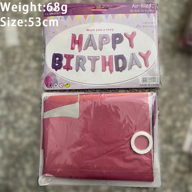 A package of 13-piece air-filled foil birthday balloons with the text Happy Birthday on them.