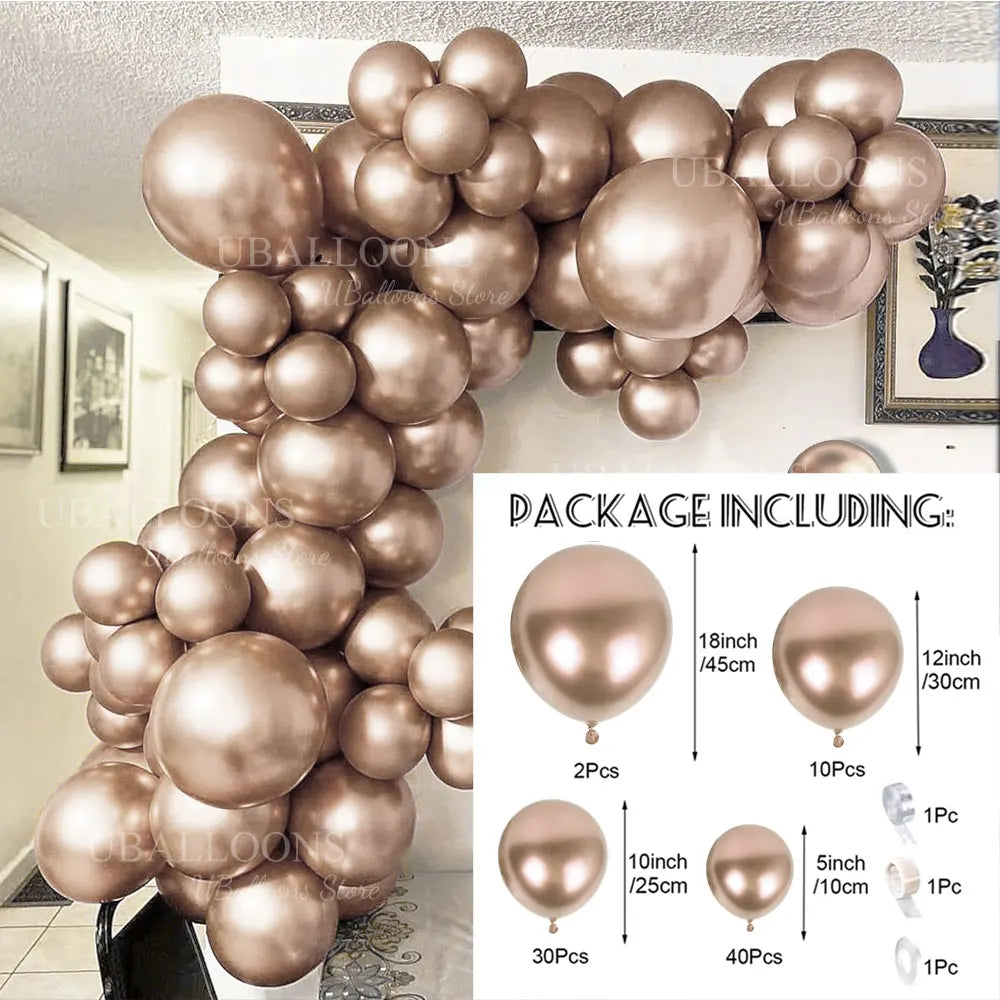 A package of metallic chrome gold balloons for a balloon garland kit showing various sizes and quantities