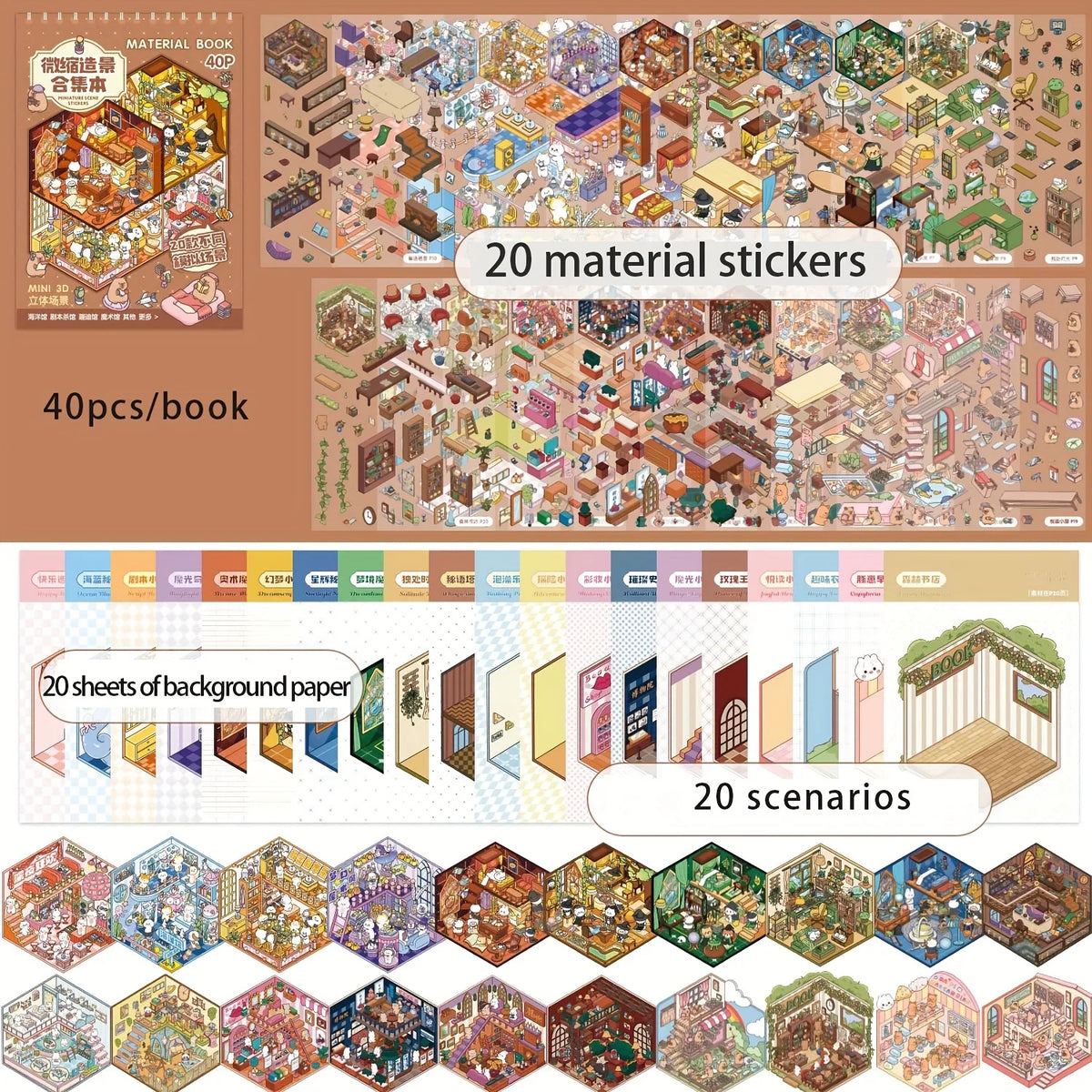 A set of Kawaii Miniature 3D Scene Stickers and background papers for creating various scenarios.