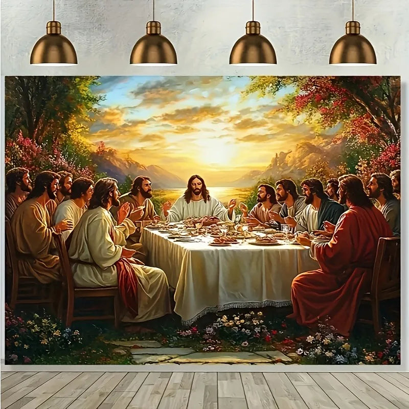 A painting depicting The Last Supper with Jesus and his disciples gathered around a table at sunset overlooking a lake view.