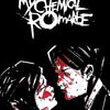 A black and white illustration of a close-up face with red marks, featuring the My Chemical Romance logo.