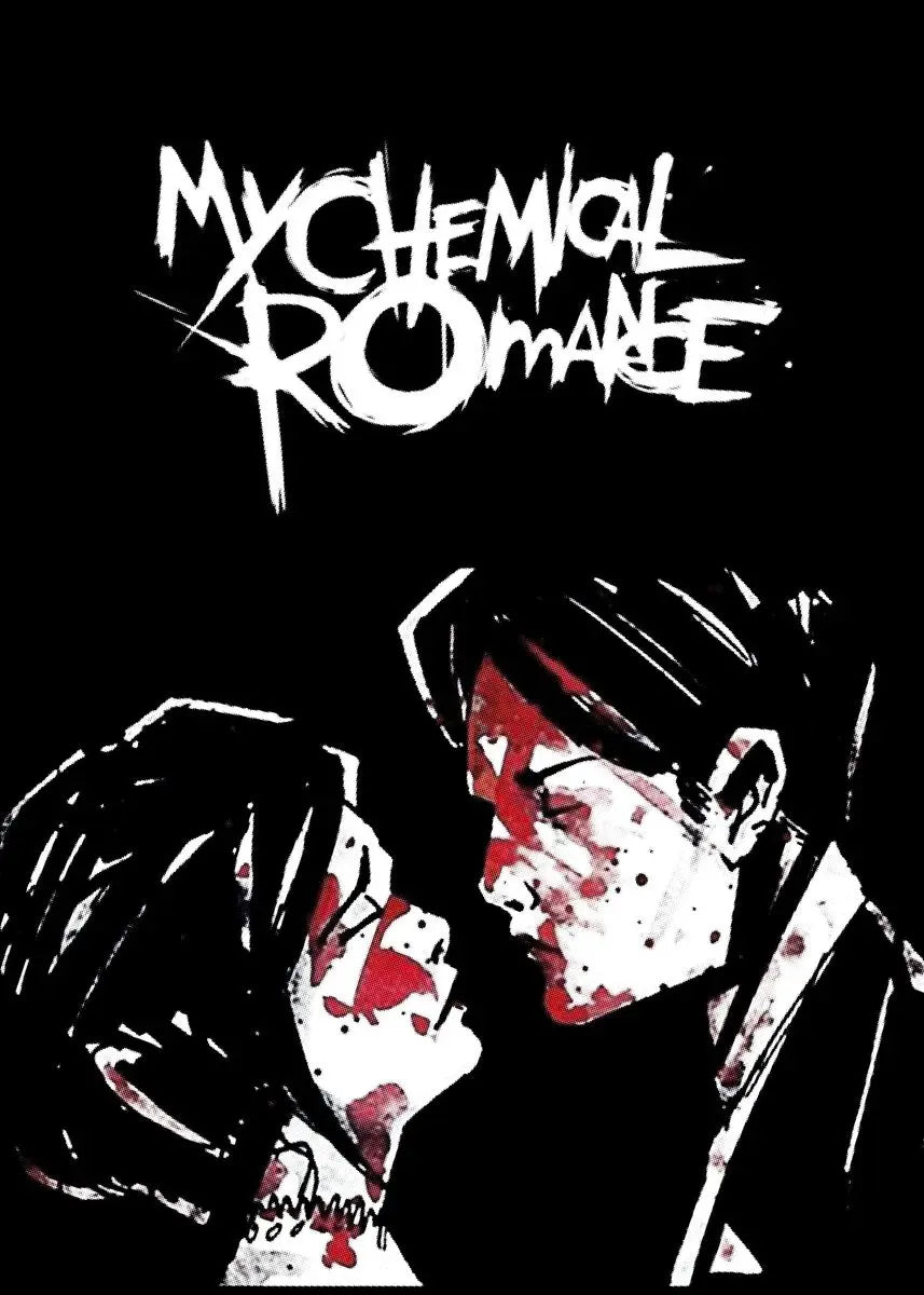 A black and white illustration of a close-up face with red marks, featuring the My Chemical Romance logo.