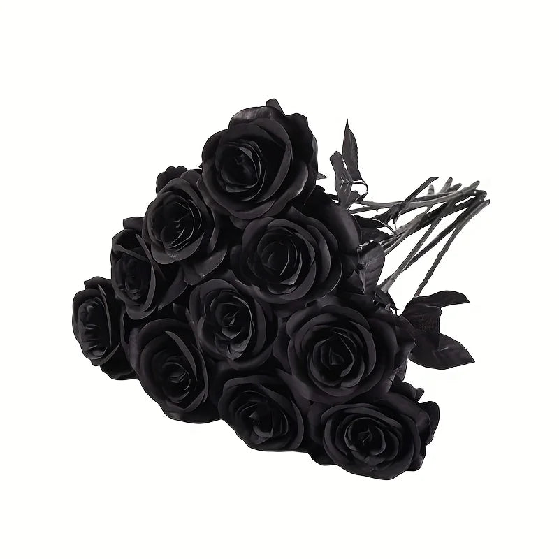 A bouquet of artificial black roses used for home decor.