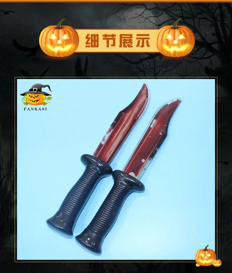 A realistic bloody knife prop with a dark handle and blade displayed against a light blue background.