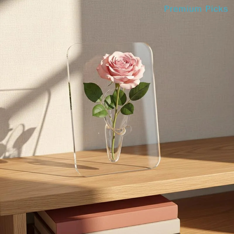 A clear acrylic frame holds a pink rose in a glass vase on a wooden table.