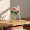 A clear acrylic frame holds a pink rose in a glass vase on a wooden table.