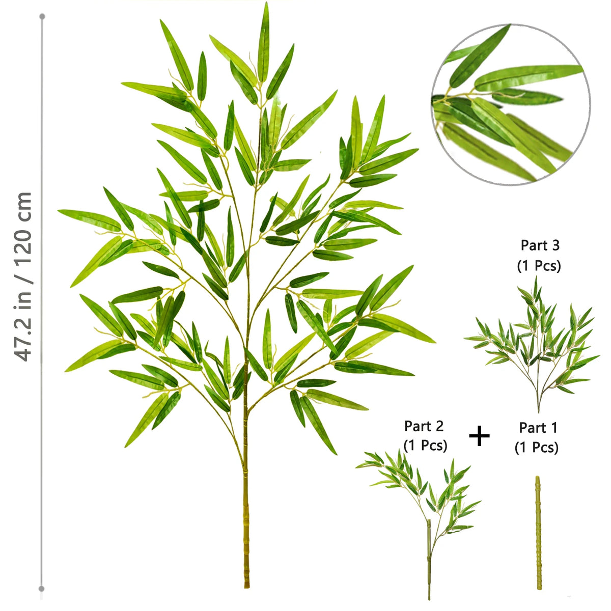 Illustration of an artificial bamboo branch with green leaves shown in full view and disassembled parts.