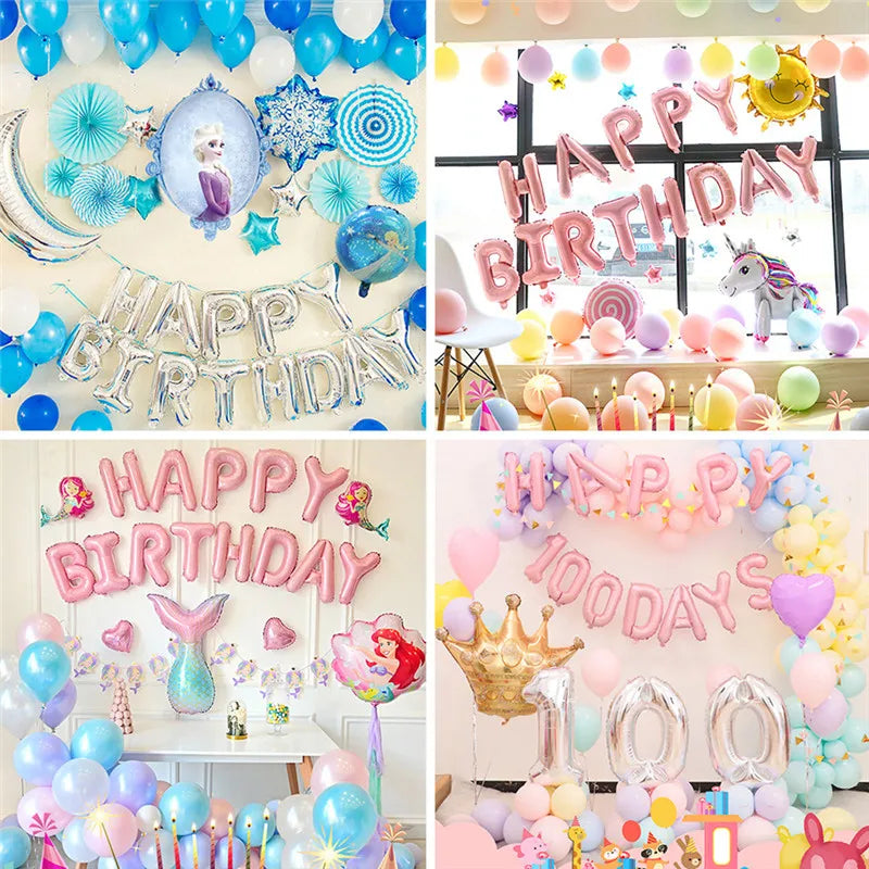 A collection of pink and blue foil letter balloons spelling out Happy Birthday for party decoration.