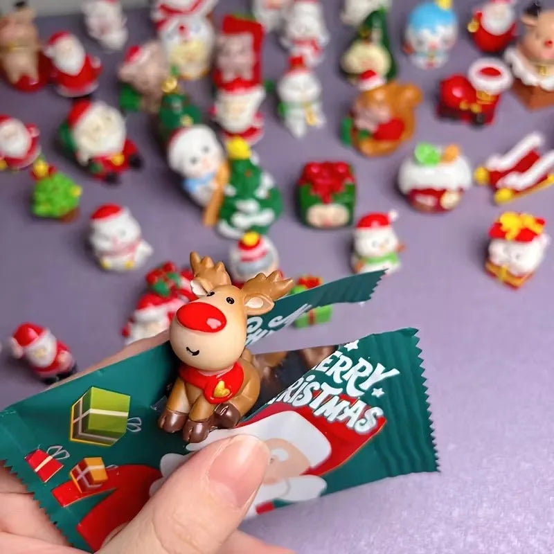 A hand holds a festive Santa Claus and snowman figurine set for Christmas decor against a purple background.