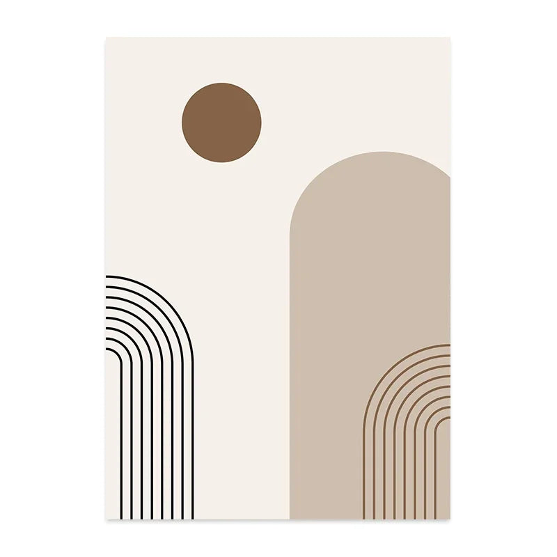 Arte abstracto minimalista en lienzo de tonos tierra y líneas geométricas.